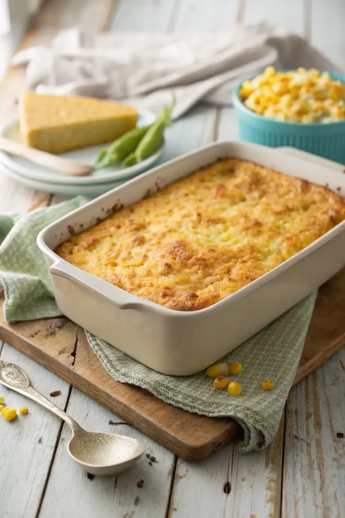 Freshly baked Paula Deen corn casserole with a golden top in a 9x13-inch dish on a wooden table.