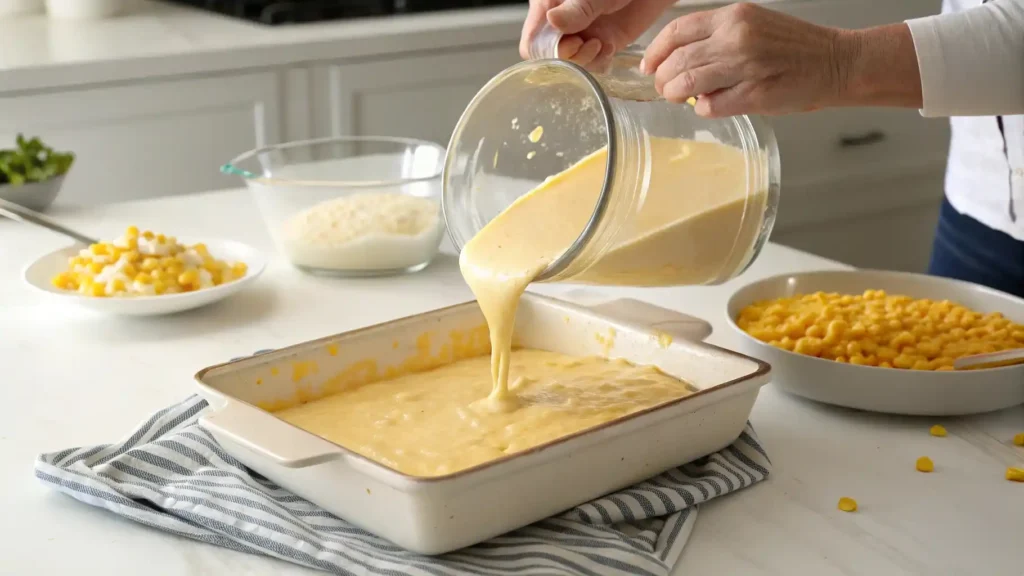 Corn casserole batter being poured into a greased baking dish before baking.
