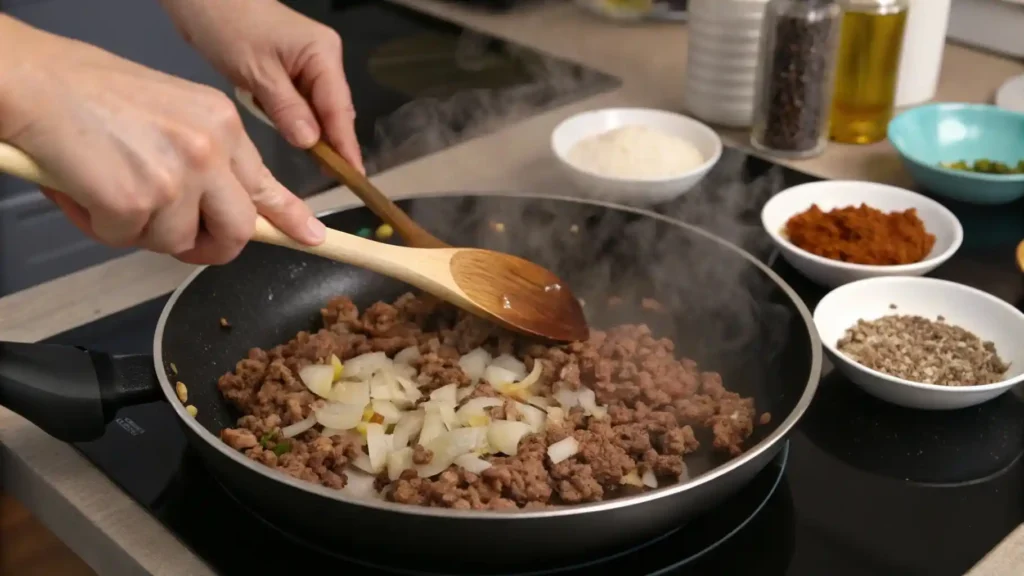 Cooking goulash step: browning beef and onions in a skillet with garlic and seasoning bowls