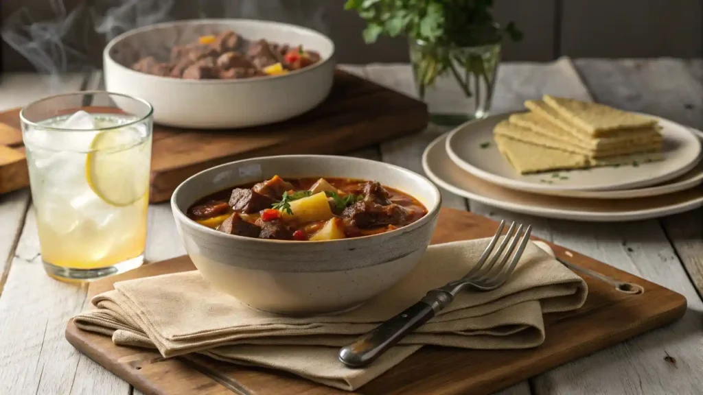 Rustic table setting with a bowl of goulash, lemonade, and tableware for a cozy Southern meal