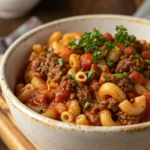Close-up of Paula Deen goulash with macaroni and beef in a rustic bowl, topped with fresh parsley