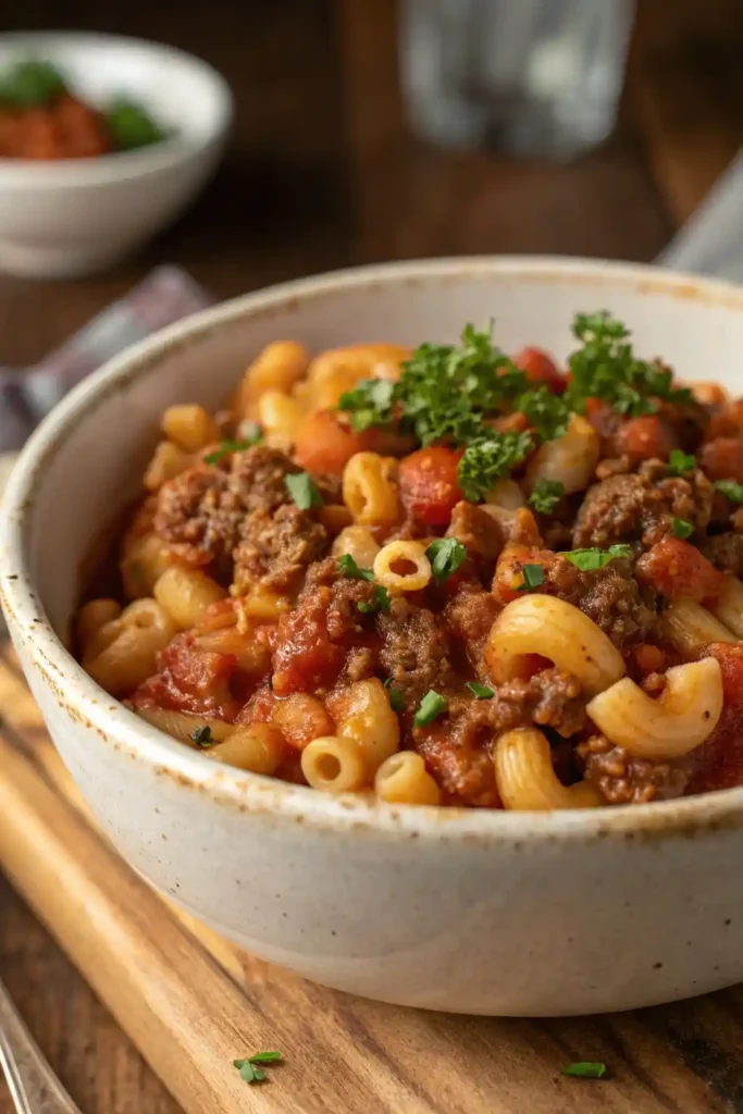 Close-up of Paula Deen goulash with macaroni and beef in a rustic bowl, topped with fresh parsley