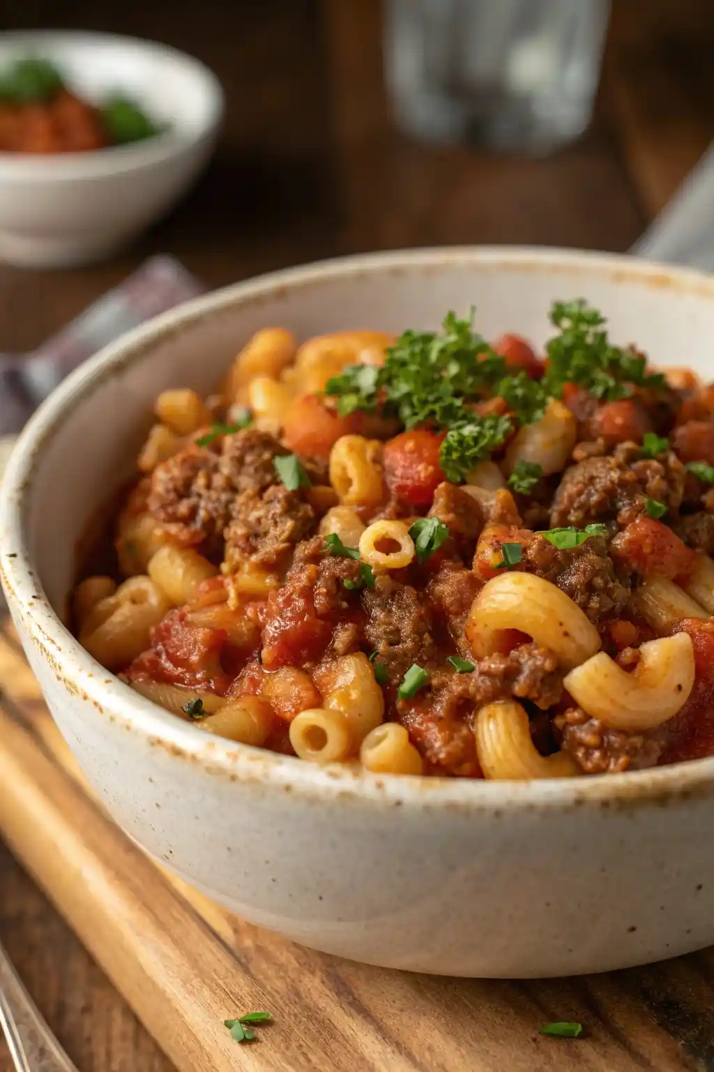 Close-up of Paula Deen goulash with macaroni and beef in a rustic bowl, topped with fresh parsley