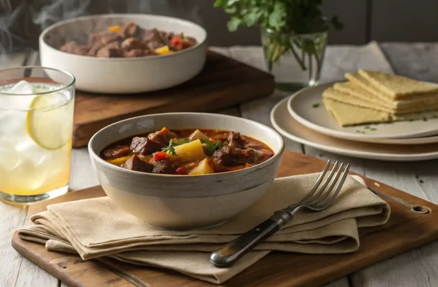 Rustic table setting with a bowl of goulash, lemonade, and tableware for a cozy Southern meal