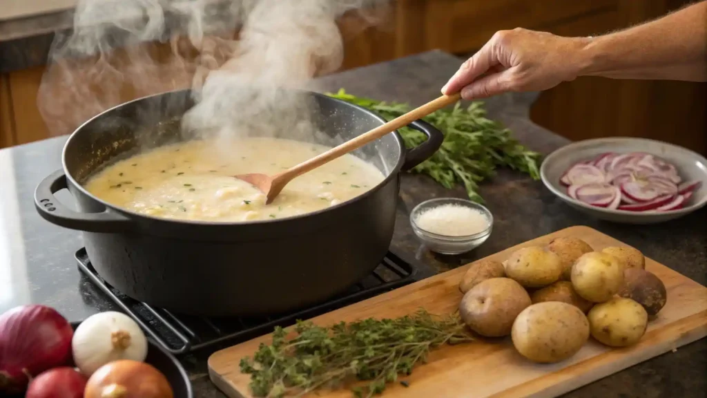 Person stirring creamy potato soup in a Dutch oven on the stove during cooking.