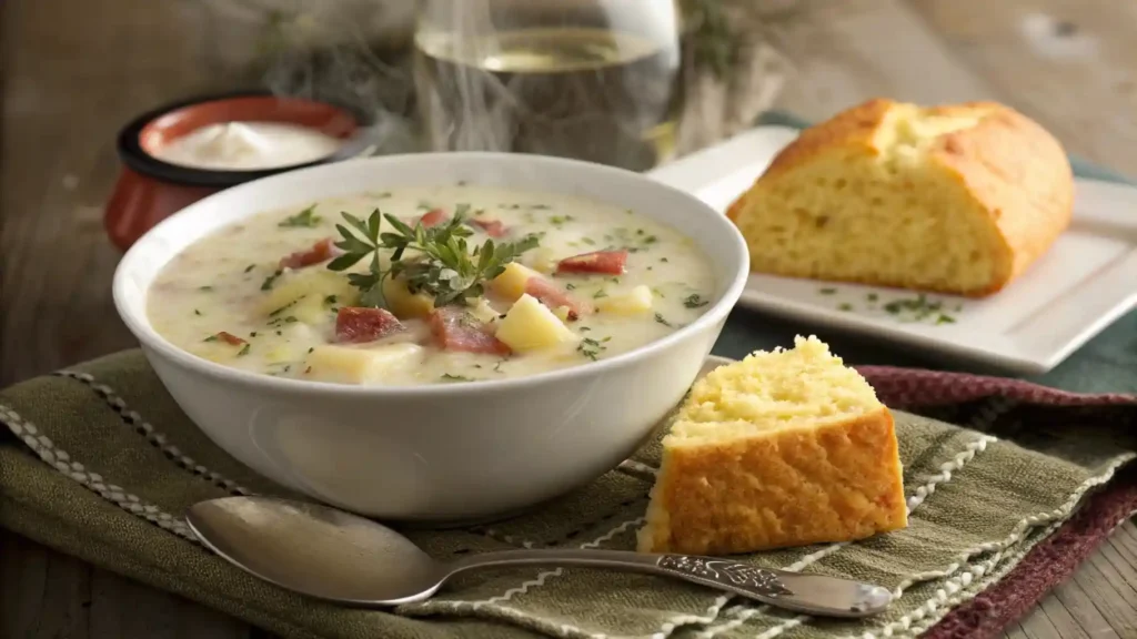 Southern comfort food meal featuring potato soup and cornbread on a homey table setting.