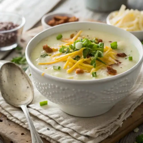 Bowl of creamy Paula Deen potato soup easy topped with cheddar and green onions on a rustic wooden table.