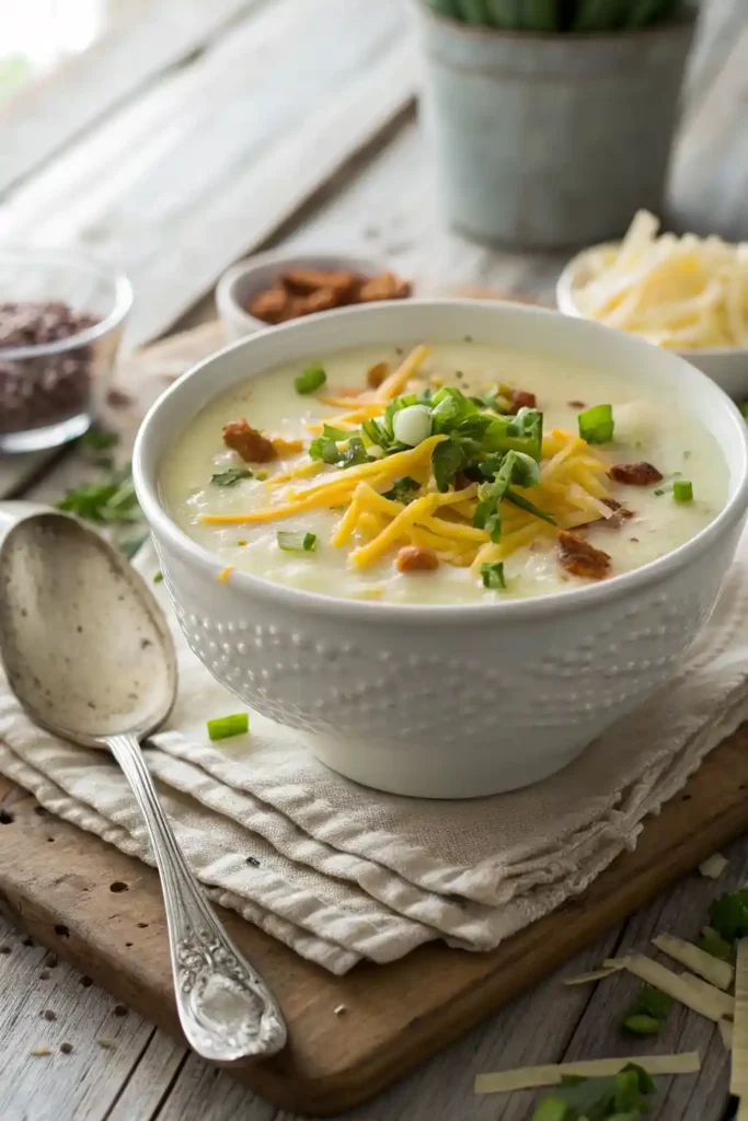 Bowl of creamy Paula Deen potato soup easy topped with cheddar and green onions on a rustic wooden table.