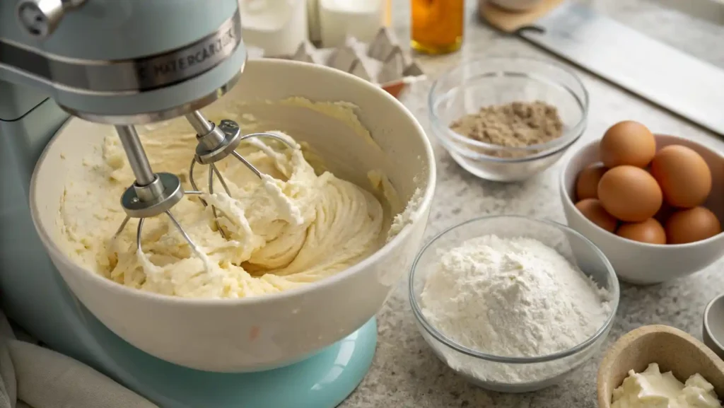 A close-up of a stand mixer blending pound cake batter until creamy and smooth, surrounded by baking ingredients.