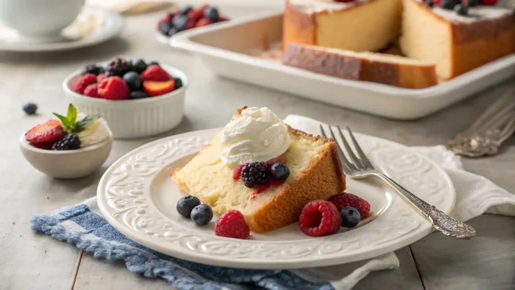 A slice of moist pound cake served with whipped cream and berries on a plate, ready to enjoy.