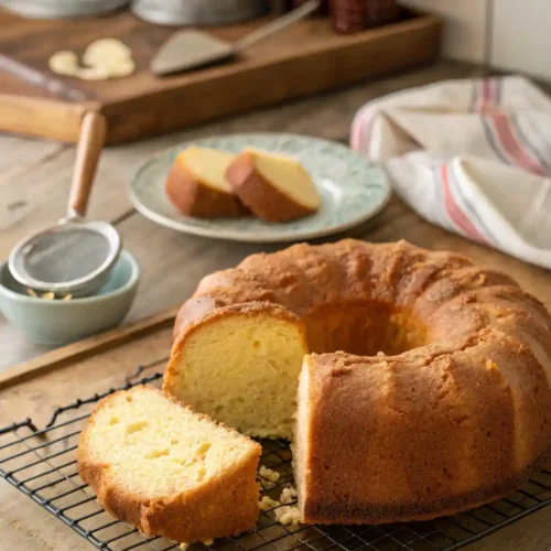 A freshly baked Paula Deen pound cake with a golden crust, sliced to show its moist, tender inside on a wire cooling rack.