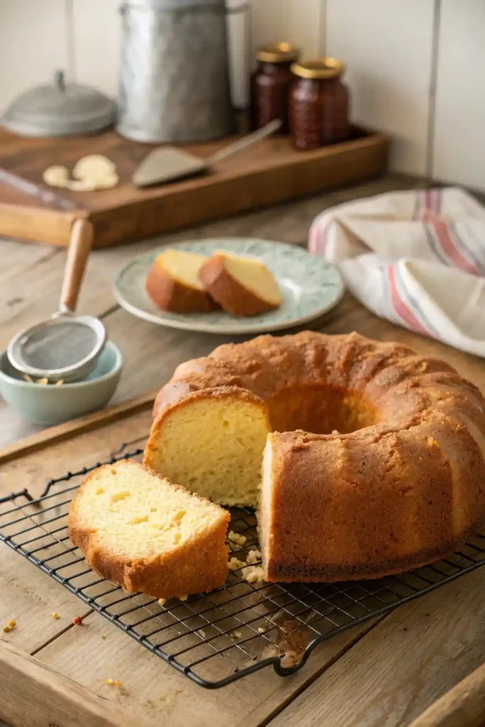 A freshly baked Paula Deen pound cake with a golden crust, sliced to show its moist, tender inside on a wire cooling rack.