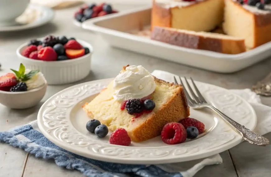 A slice of moist pound cake served with whipped cream and berries on a plate, ready to enjoy.