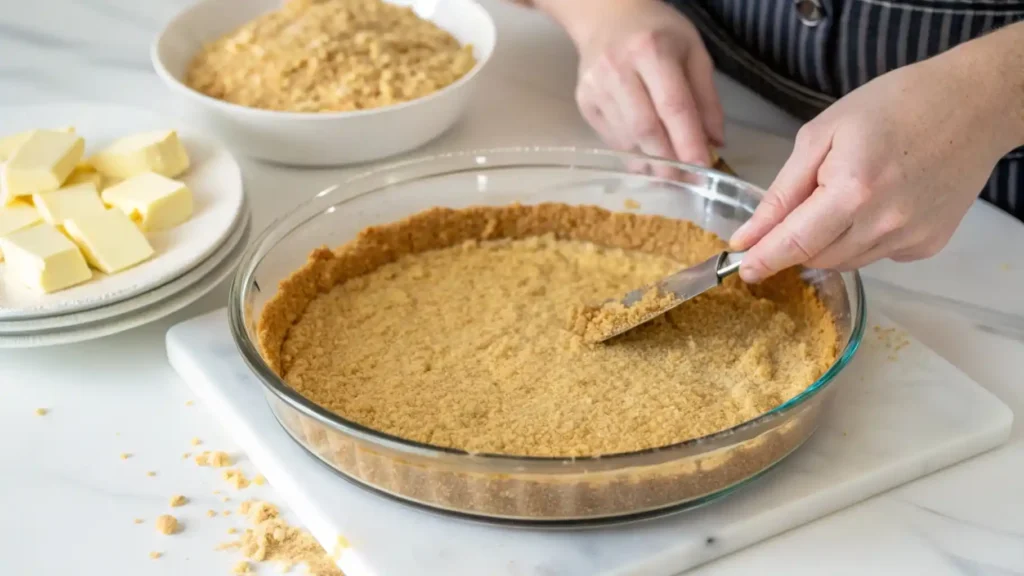 Pressing graham cracker crust into a springform pan using a glass, with crust ingredients nearby.