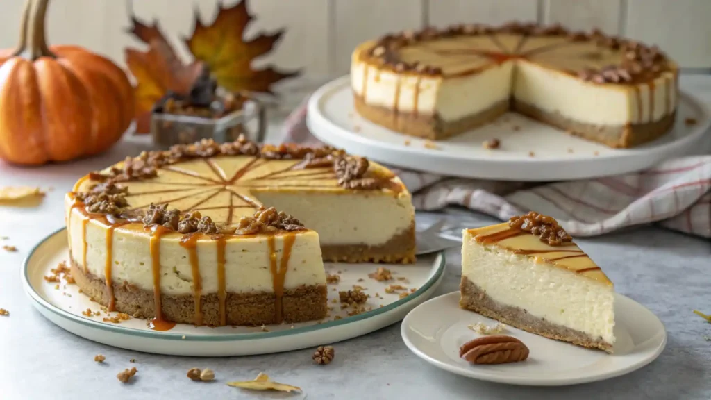 Slice of Paula Deen pumpkin cheesecake with caramel and pecans, served on a plate with autumn decor.