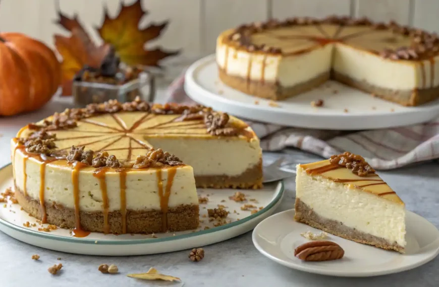 Slice of Paula Deen pumpkin cheesecake with caramel and pecans, served on a plate with autumn decor.