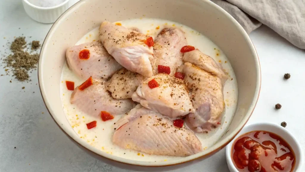 Raw chicken soaking in seasoned buttermilk marinade with a dash of hot sauce.