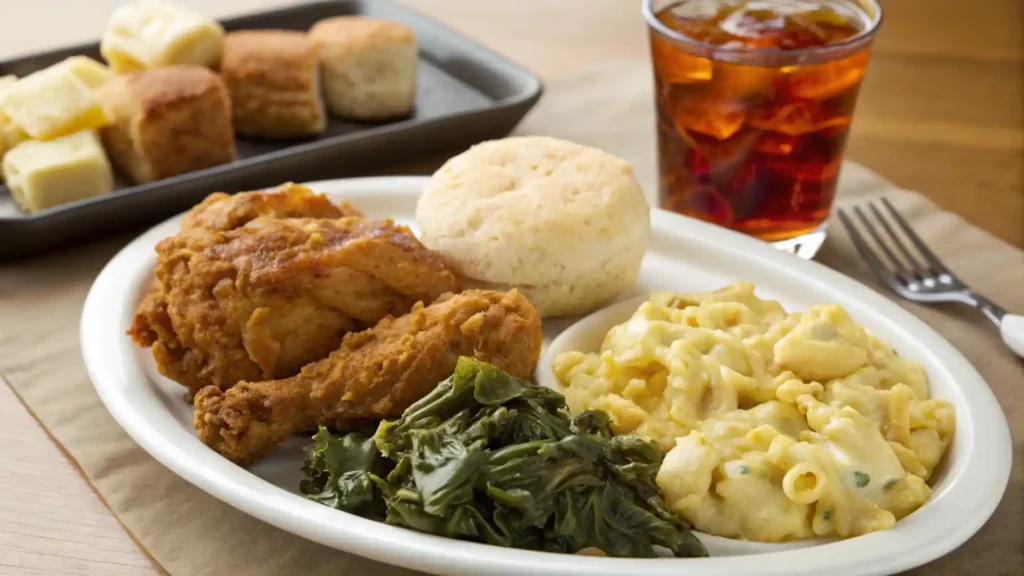 Paula Deen Southern Fried Chicken plate with mac and cheese, biscuits, and collard greens.