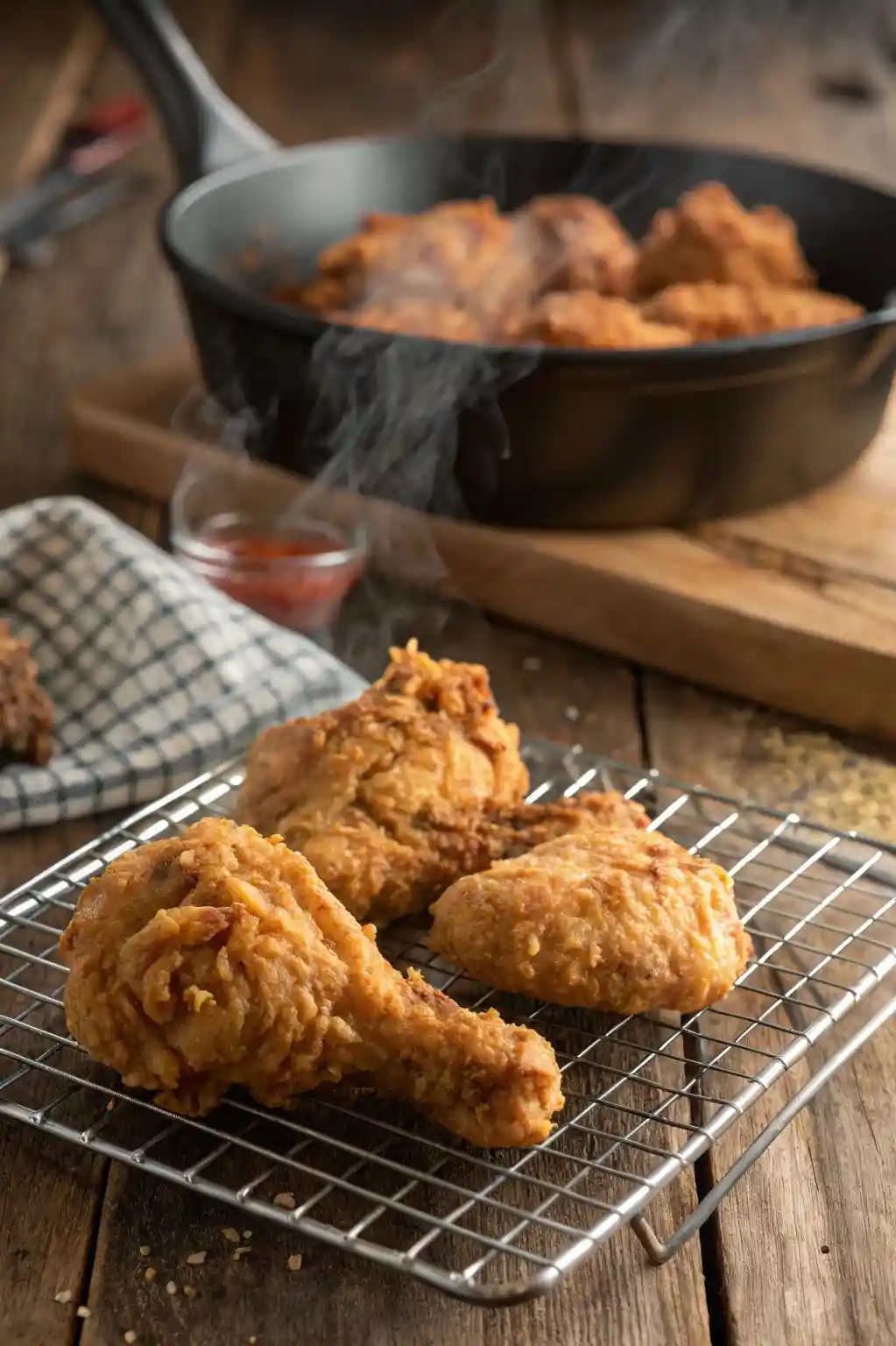 Freshly fried Southern chicken resting on a wire rack, showing its crispy golden crust.