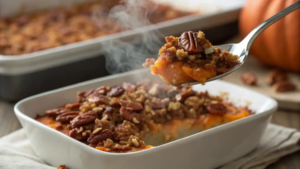 Spoonful of Paula Deen sweet potato casserole showing creamy sweet potatoes and crunchy pecan topping.