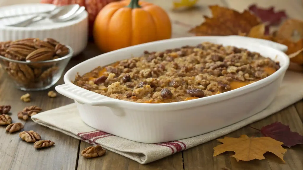 Paula Deen sweet potato casserole with golden pecan streusel in a white dish on a rustic table.