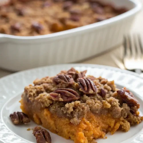 Ultra-realistic close-up of Paula Deen sweet potato casserole showcasing rich textures and natural colors with soft daylight lighting and a clean, background-free presentation.