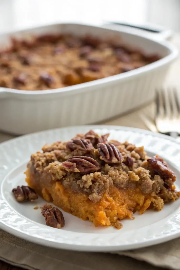 Ultra-realistic close-up of Paula Deen sweet potato casserole showcasing rich textures and natural colors with soft daylight lighting and a clean, background-free presentation.