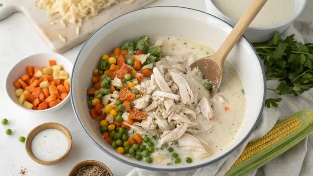 Mixing the filling for chicken pot pie with rotisserie chicken, vegetables, and creamy soup base.