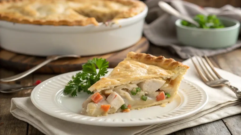 Slice of Paula Deen chicken pot pie on a plate showing creamy filling and golden crust.