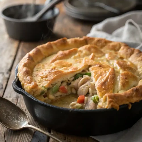 Freshly baked Paula Deen chicken pot pie in a cast iron skillet with flaky golden crust and creamy filling.