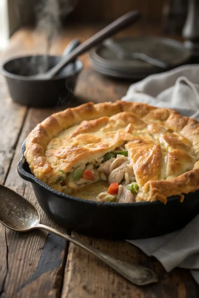 Freshly baked Paula Deen chicken pot pie in a cast iron skillet with flaky golden crust and creamy filling.