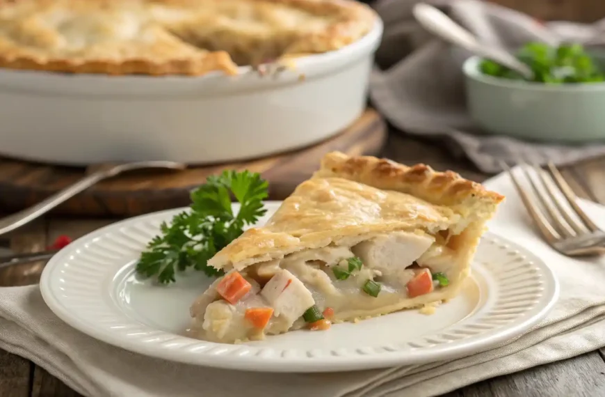 Slice of Paula Deen chicken pot pie on a plate showing creamy filling and golden crust.