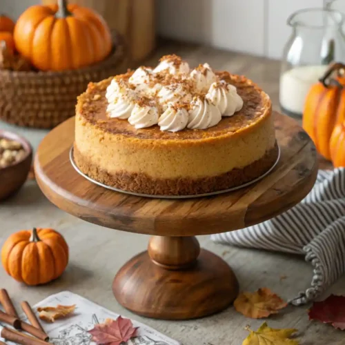 Whole Paula Deen pumpkin cheesecake topped with whipped cream and cinnamon on a rustic fall-themed counter.