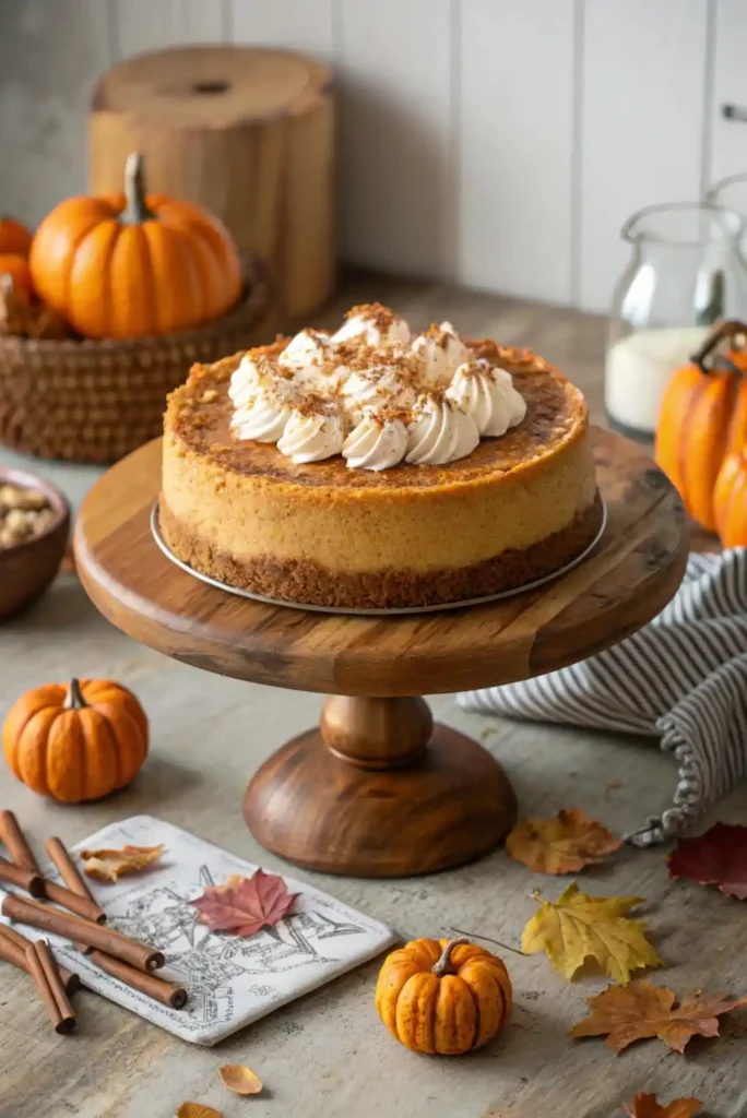 Whole Paula Deen pumpkin cheesecake topped with whipped cream and cinnamon on a rustic fall-themed counter.