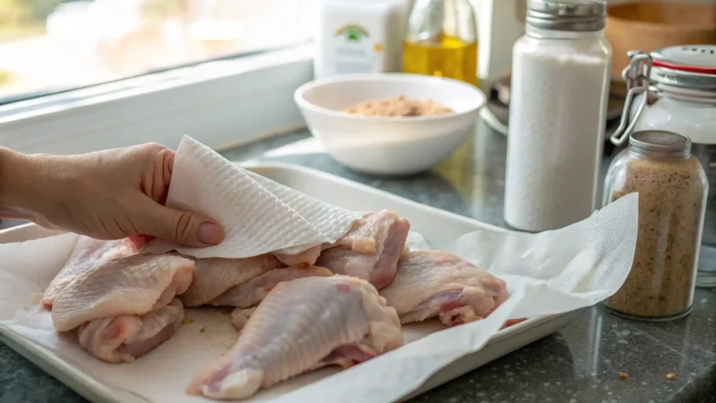 Patting raw chicken wings dry before seasoning to prepare for pellet grill cooking