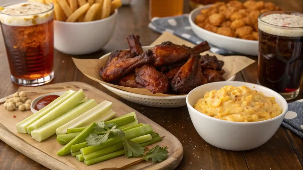 Pellet grilled chicken wings served with game day sides like fries, celery, and mac and cheese