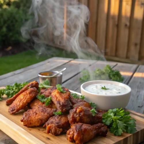 Crispy smoked chicken wings on pellet grill with ranch dip on a wooden board