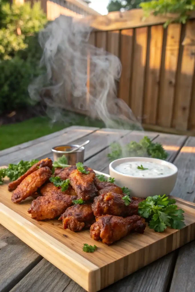 Crispy smoked chicken wings on pellet grill with ranch dip on a wooden board