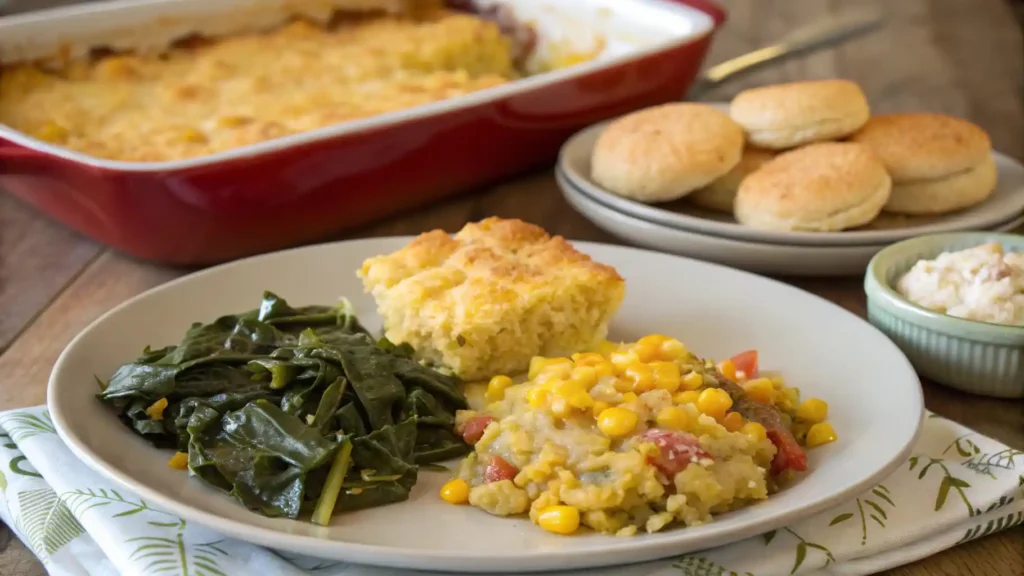 Serving of Paula Deen corn casserole on a plate with collard greens and biscuits.