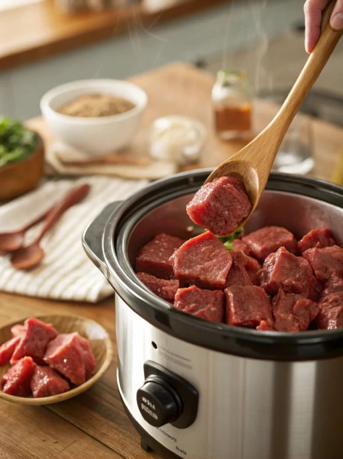 Beef tips being placed into a crockpot