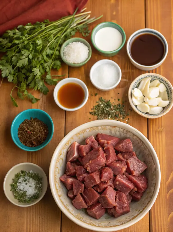 Ingredients for Beef tips in the crock pot laid out on a kitchen counter