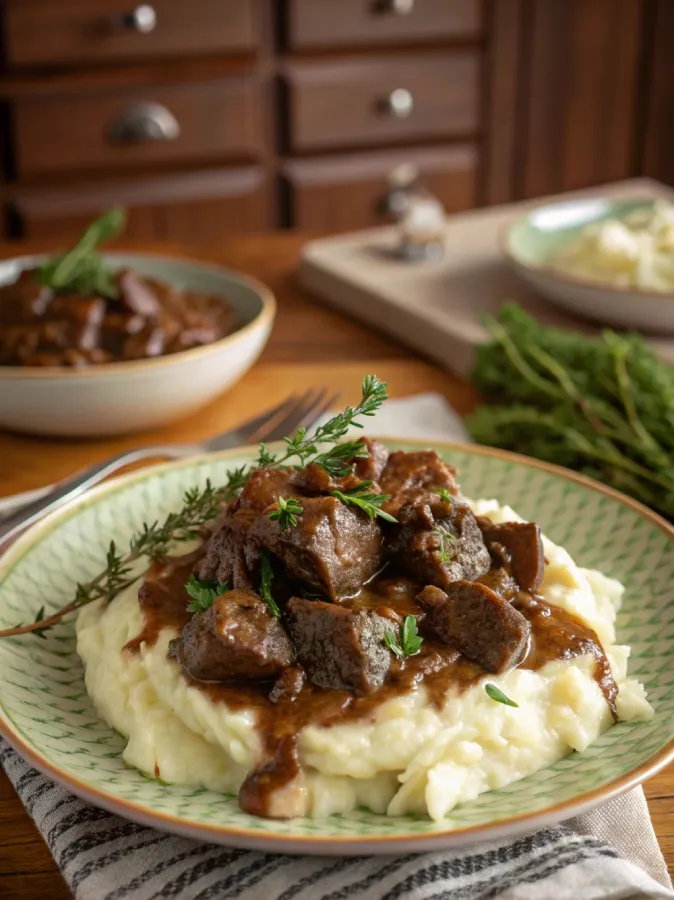 Beef Tips in Crock Pot served with mashed potatoes and brown gravy