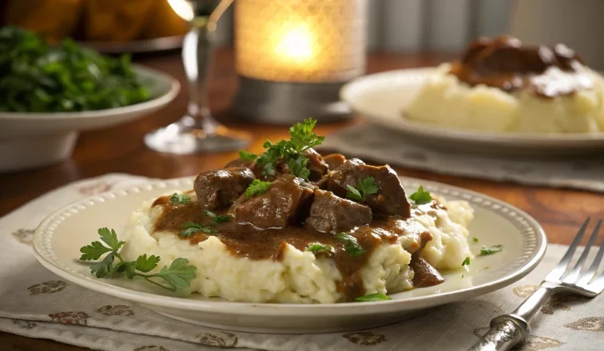 Plated serving of beef tips with mashed potatoes and gravy