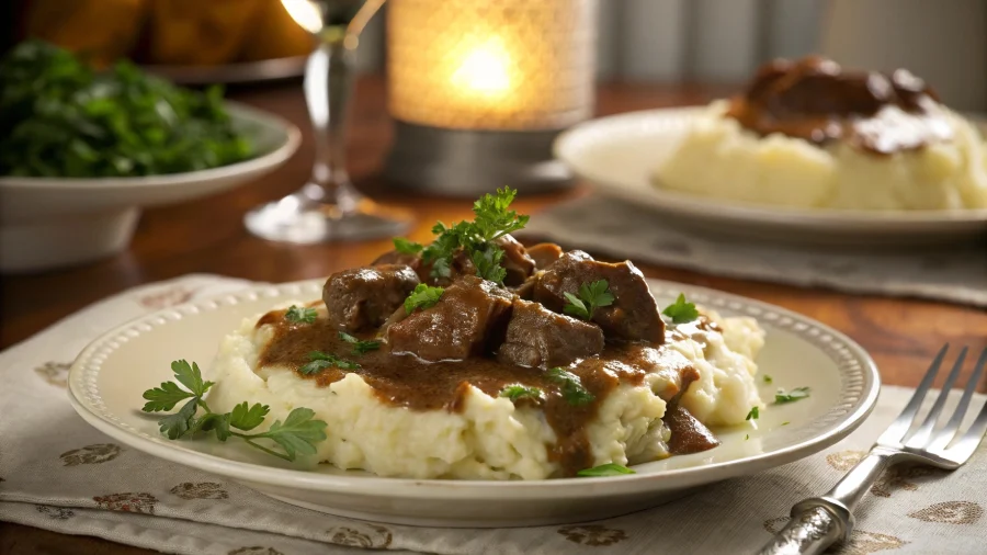 Plated serving of beef tips with mashed potatoes and gravy
