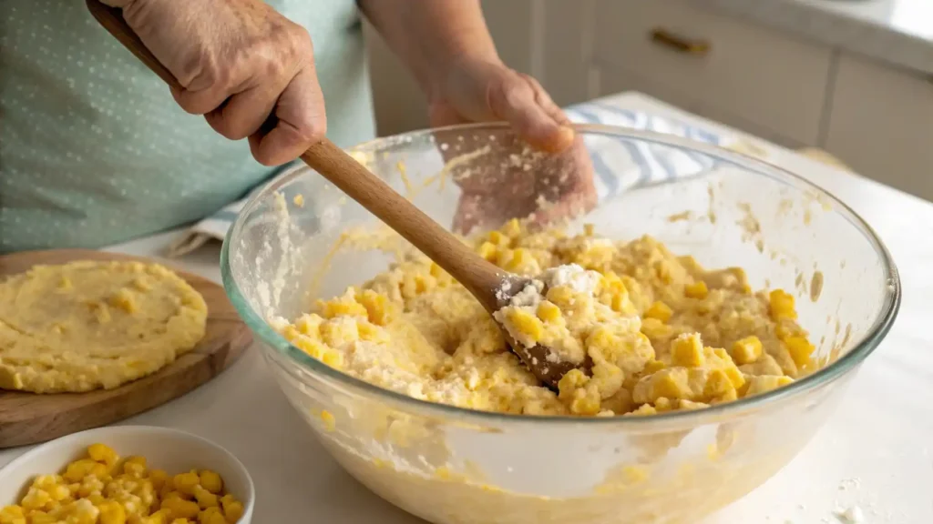 Close-up of hands stirring corn soufflé batter in a glass mixing bowl.


