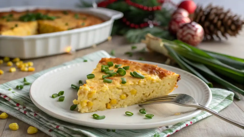 Slice of corn souffle paula deen served on a white plate with fresh chives and festive table setting.