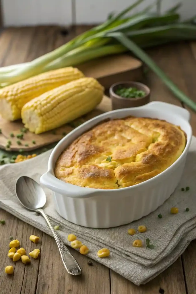 Fluffy golden corn soufflé baked in a white dish, garnished with corn and chives on a rustic table.