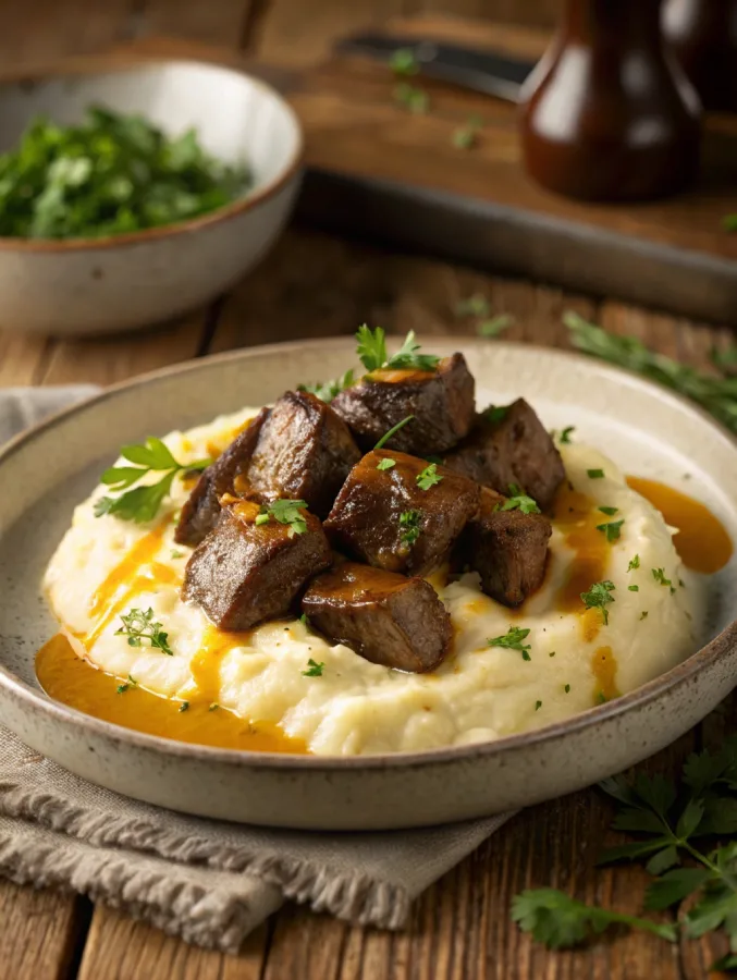 Crock Pot Garlic Butter Steak Bites served over mashed potatoes with herb garnish and buttery sauce drizzle