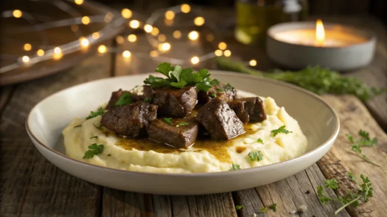 Crock Pot Garlic Butter Steak Bites served over mashed potatoes with herb garnish and buttery sauce drizzle