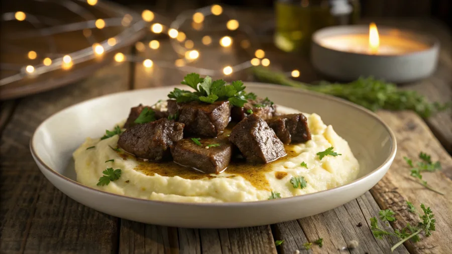 Crock Pot Garlic Butter Steak Bites served over mashed potatoes with herb garnish and buttery sauce drizzle